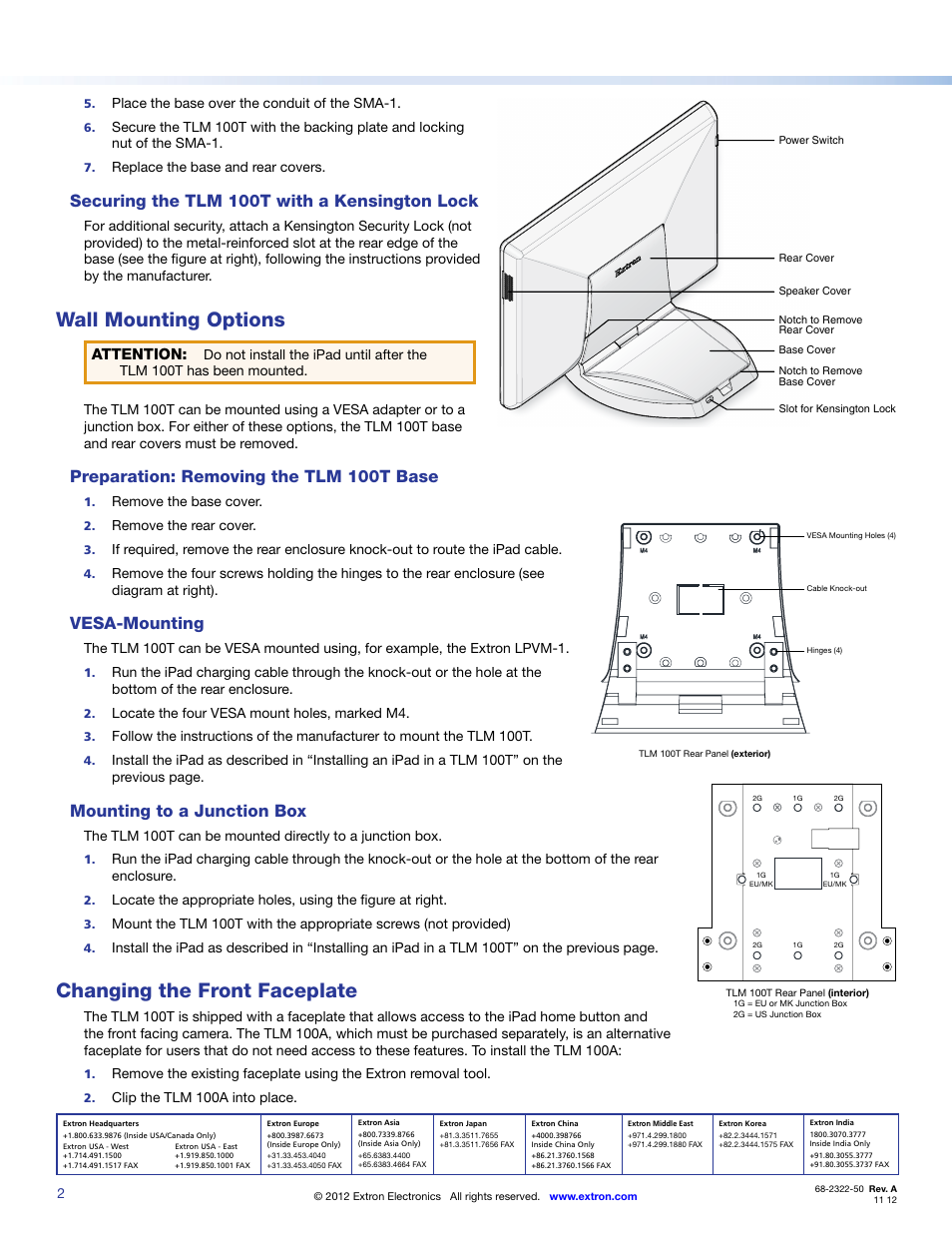 Securing the tlm 100t with a kensington lock, Wall mounting options, Preparation: removing the tlm 100t base | Vesa-mounting, Mounting to a junction box, Changing the front faceplate, Extron contact information, Attention | Extron Electronics TLM 100T Installation User Manual | Page 2 / 2