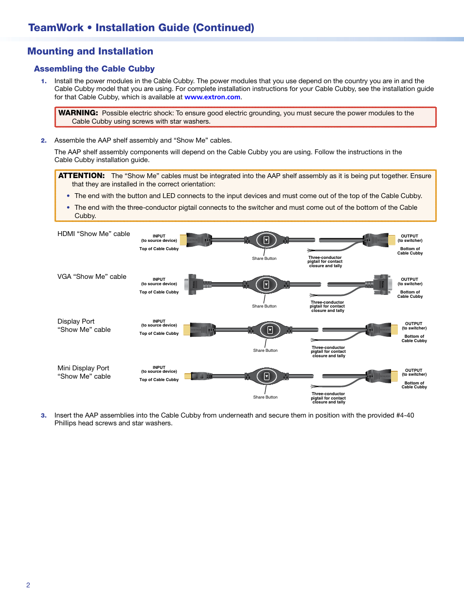 Mounting and installation, Assembling the cable cubby, Teamwork • installation guide (continued) | Warning, Attention, Vga “show me” cable, Display port “show me” cable, Mini display port “show me” cable | Extron Electronics TeamWork Installation User Manual | Page 2 / 8