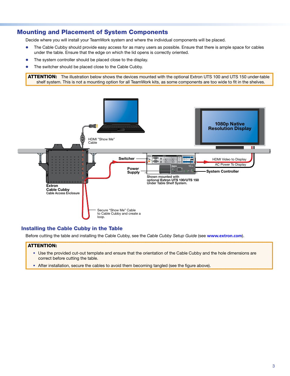 Mounting and placement of system components, Installing the cable cubby in the table, Attention | 1080p native resolution display | Extron Electronics TeamWork Installation User Manual | Page 3 / 8