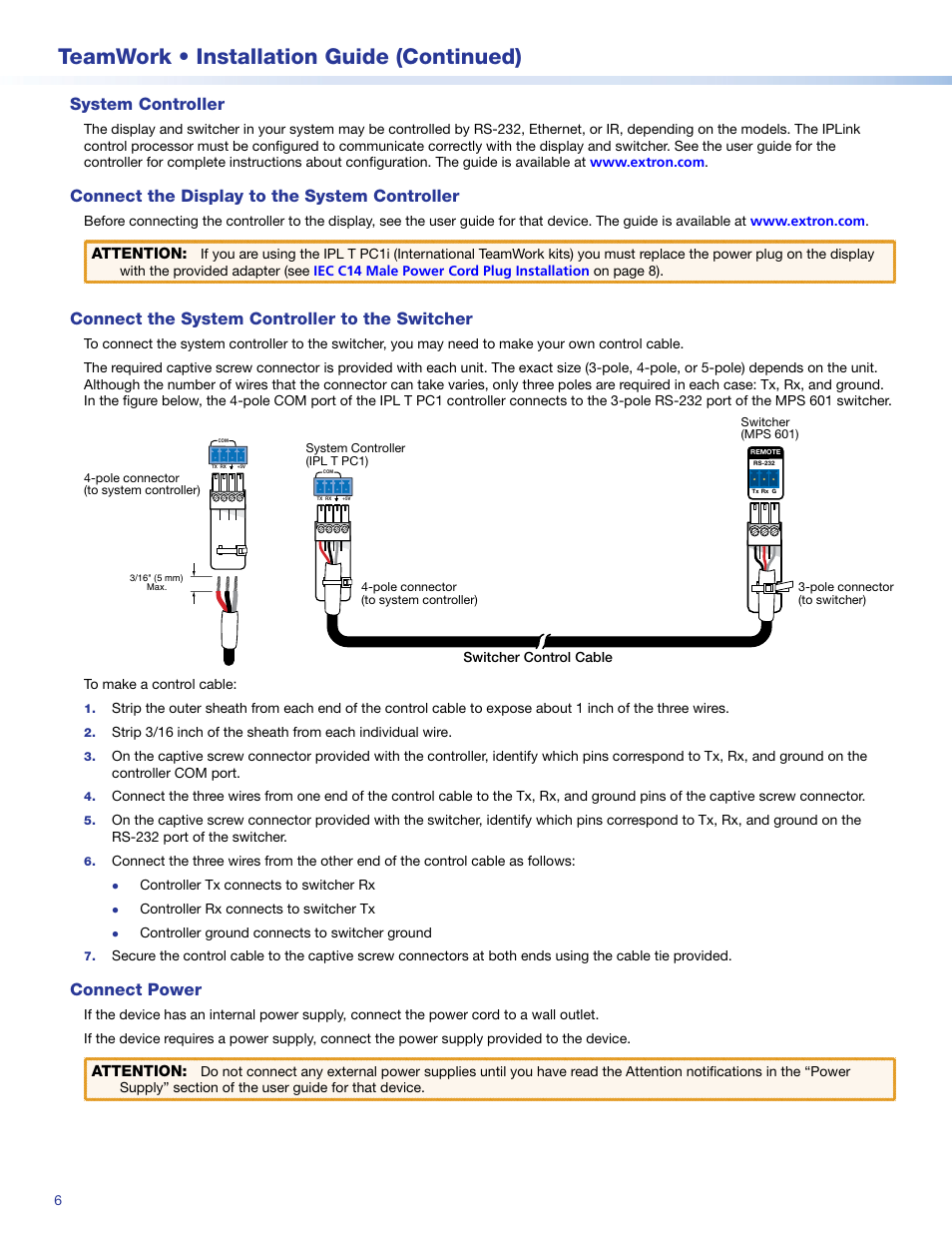 System controller, Connect the display to the system controller, Connect the system controller to the switcher | Connect power, Teamwork • installation guide (continued) | Extron Electronics TeamWork Installation User Manual | Page 6 / 8