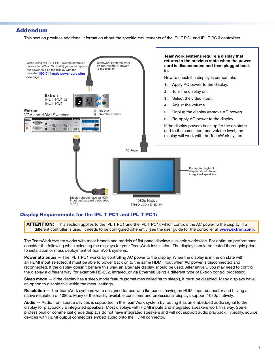 Addendum, Attention, Listed 17tt audio/video aparatus | Apply ac power to the display, Turn the display on, Select the video input, Adjust the volume, Unplug the display (remove ac power), 1080p native resolution display | Extron Electronics TeamWork Installation User Manual | Page 7 / 8