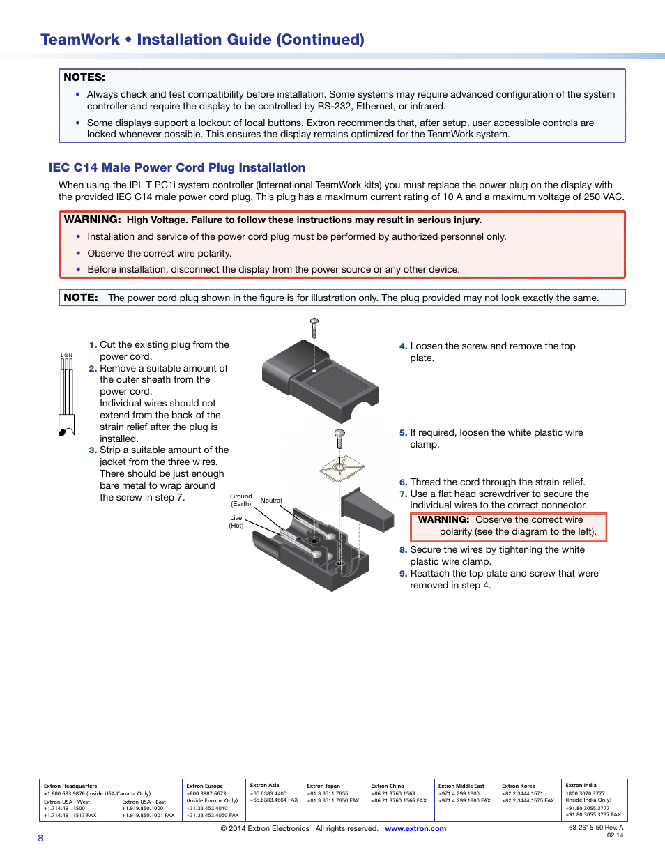 Iec c14 male power cord plug installation, Extron contact information, Teamwork • installation guide (continued) | Extron Electronics TeamWork Installation User Manual | Page 8 / 8