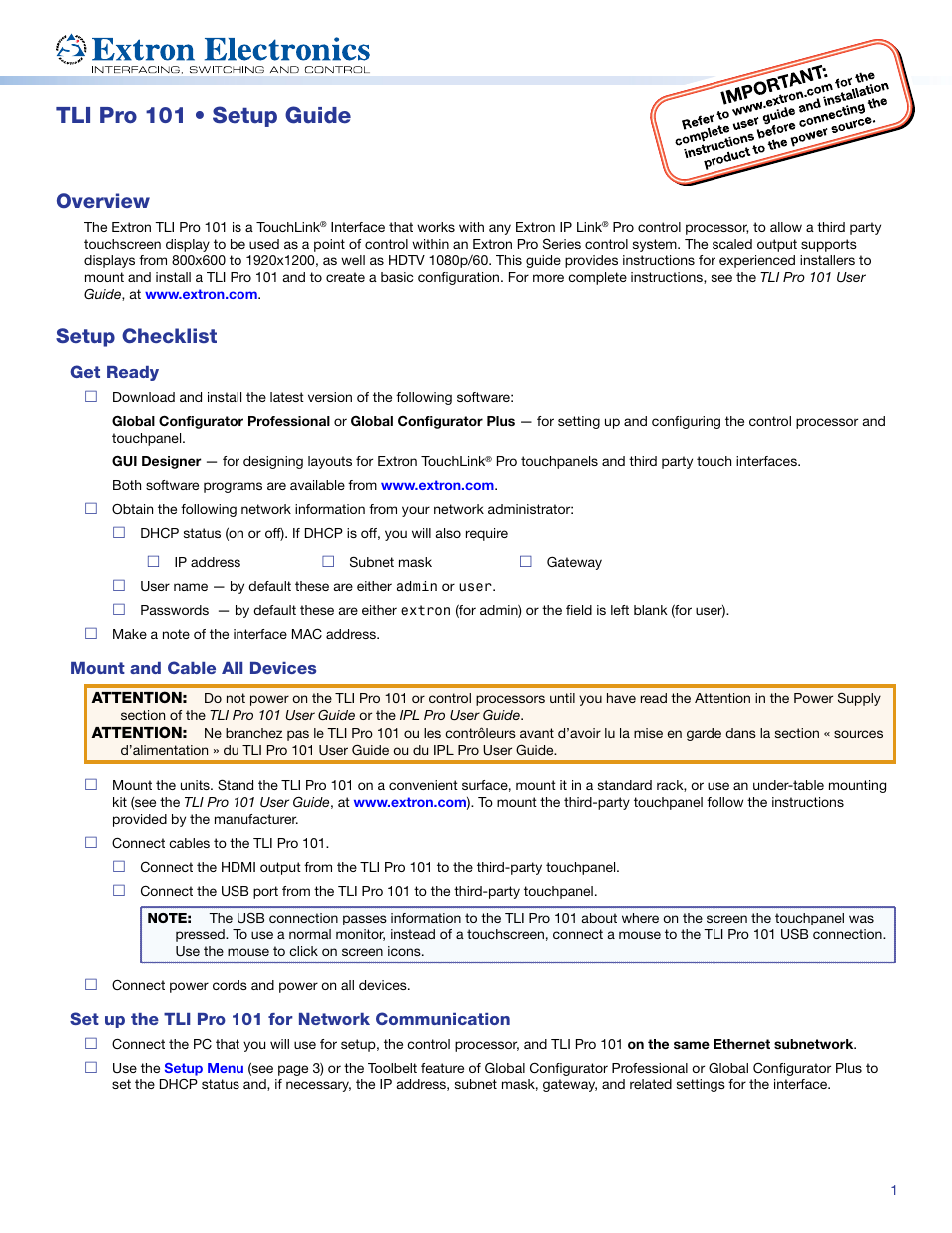 Extron Electronics TLI Pro 101 Setup Guide User Manual | 3 pages