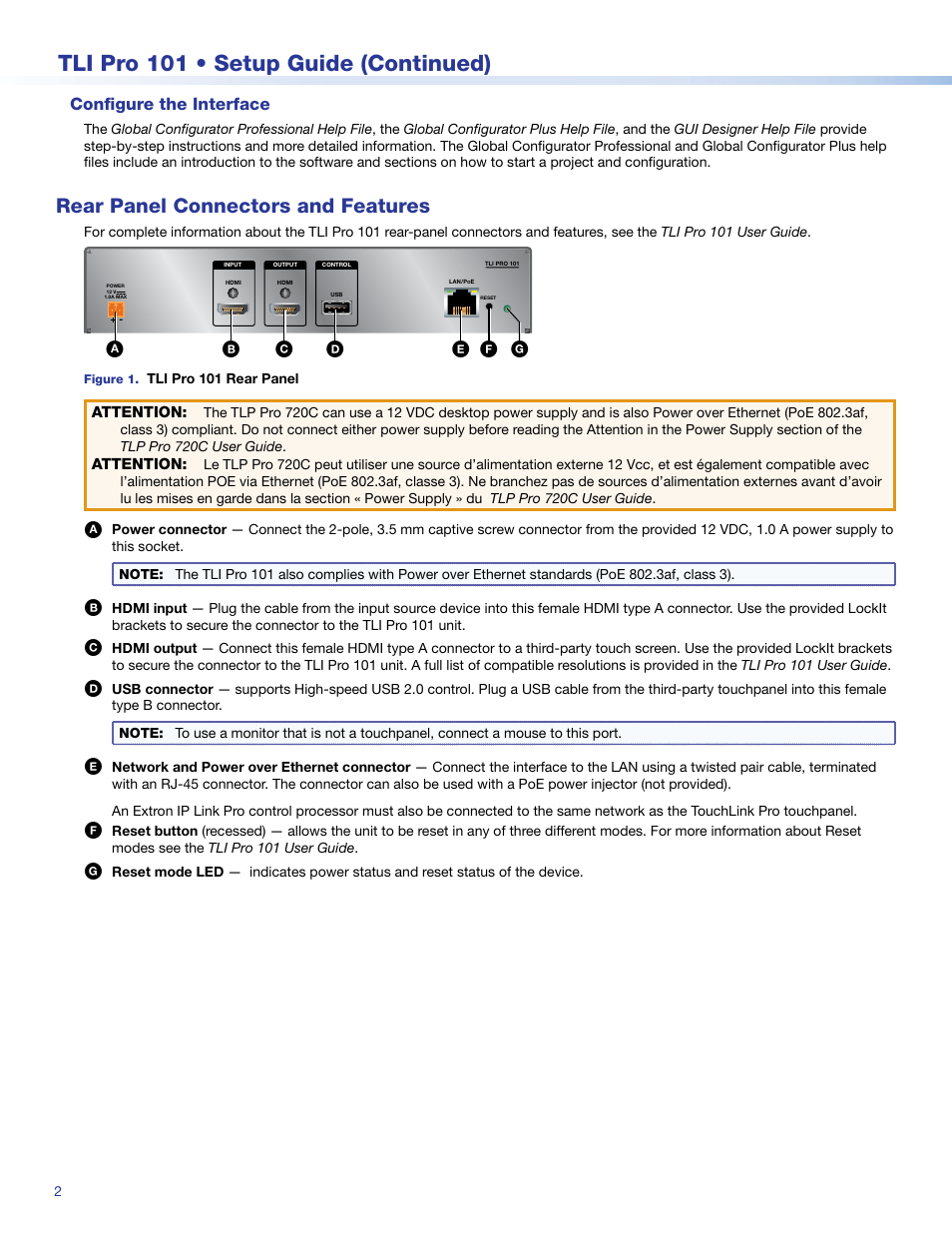 Configure the interface, Rear panel connectors and features, Tli pro 101 • setup guide (continued) | Extron Electronics TLI Pro 101 Setup Guide User Manual | Page 2 / 3