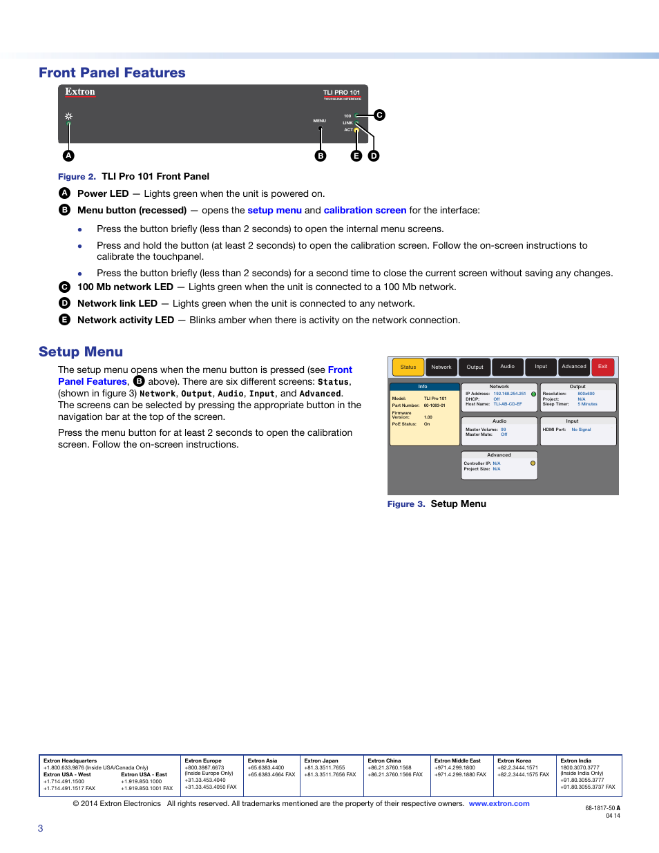 Front panel features, Setup menu, Extron contact information | Ab e d c | Extron Electronics TLI Pro 101 Setup Guide User Manual | Page 3 / 3