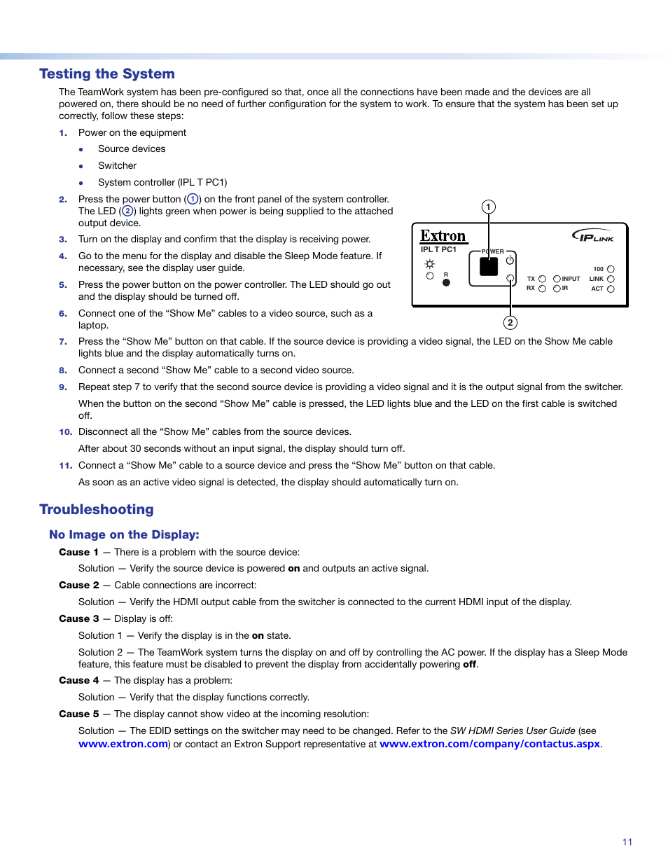 Testing the system, Troubleshooting, No image on the display | Extron Electronics TeamWork Kits Installation User Manual | Page 11 / 12