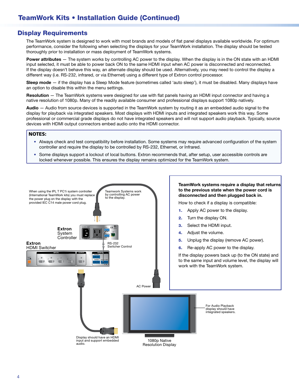 Display requirements, Teamwork kits • installation guide (continued), Listed 17tt audio/video aparatus | Apply ac power to the display, Turn the display on, Select the hdmi input, Adjust the volume, Unplug the display (remove ac power), Extron hdmi switcher extron system controller | Extron Electronics TeamWork Kits Installation User Manual | Page 4 / 12