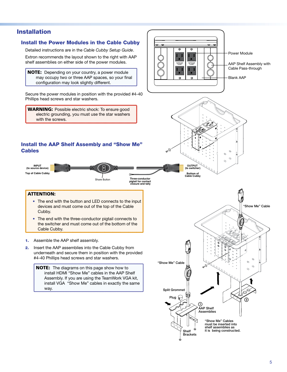 Installation, Install the power modules in the cable cubby, Warning | Attention | Extron Electronics TeamWork Kits Installation User Manual | Page 5 / 12