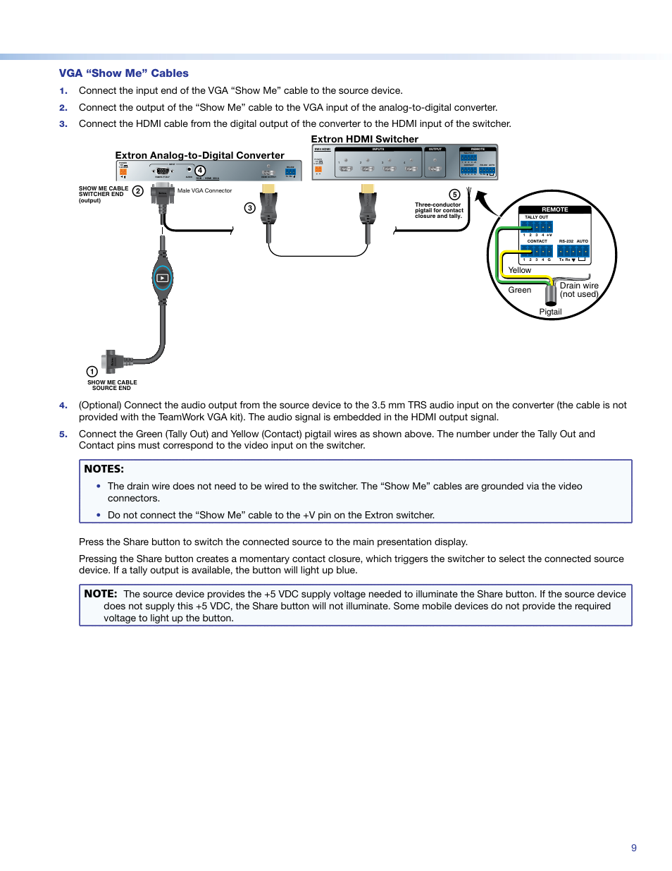 Vga "show me" cables, Ab c e, Vga “show me” cables | Drain wire (not used) | Extron Electronics TeamWork Kits Installation User Manual | Page 9 / 12