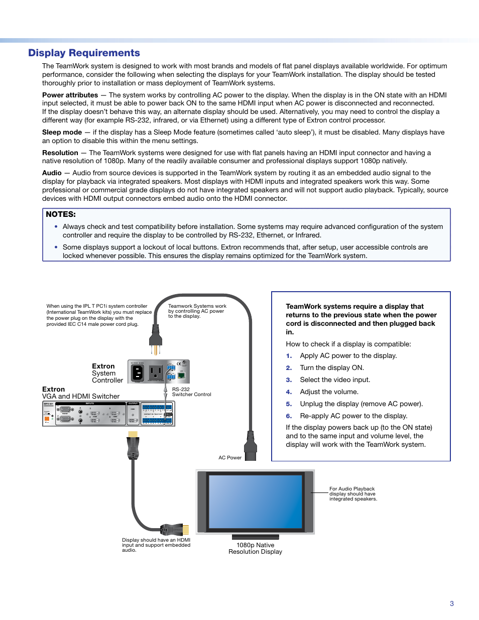 Display requirements, Listed 17tt audio/video aparatus, Apply ac power to the display | Turn the display on, Select the video input, Adjust the volume, Unplug the display (remove ac power), 1080p native resolution display | Extron Electronics TeamWork 601i Kits Installation User Manual | Page 3 / 10