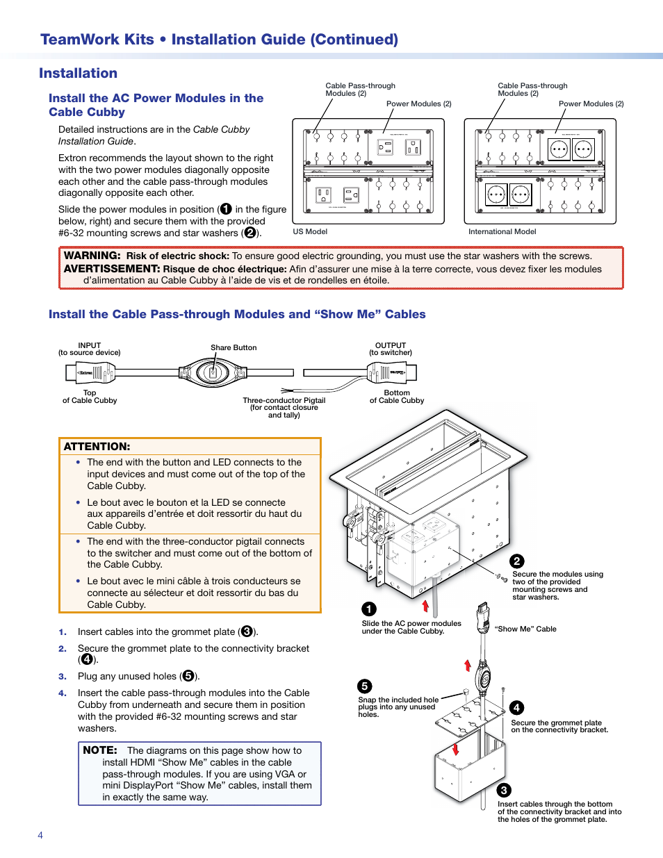 Teamwork kits • installation guide (continued), Installation, Install the ac power modules in the cable cubby | Extron Electronics TeamWork 601i Kits Installation User Manual | Page 4 / 10