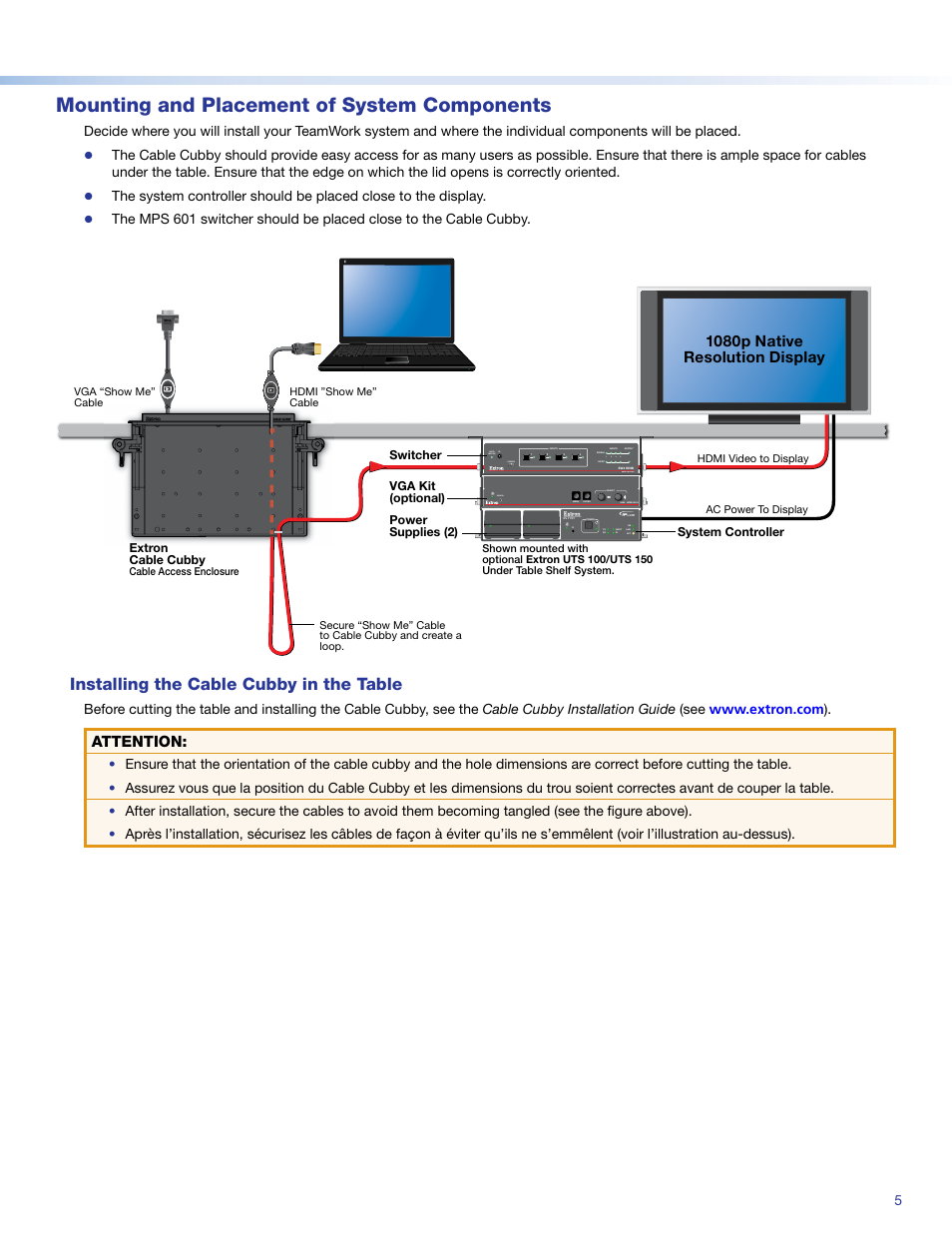 Mounting and placement of system components, Installing the cable cubby in the table, 1080p native resolution display | Attention, Config, Hdmi switcher, Ir config, Auto switch | Extron Electronics TeamWork 601i Kits Installation User Manual | Page 5 / 10