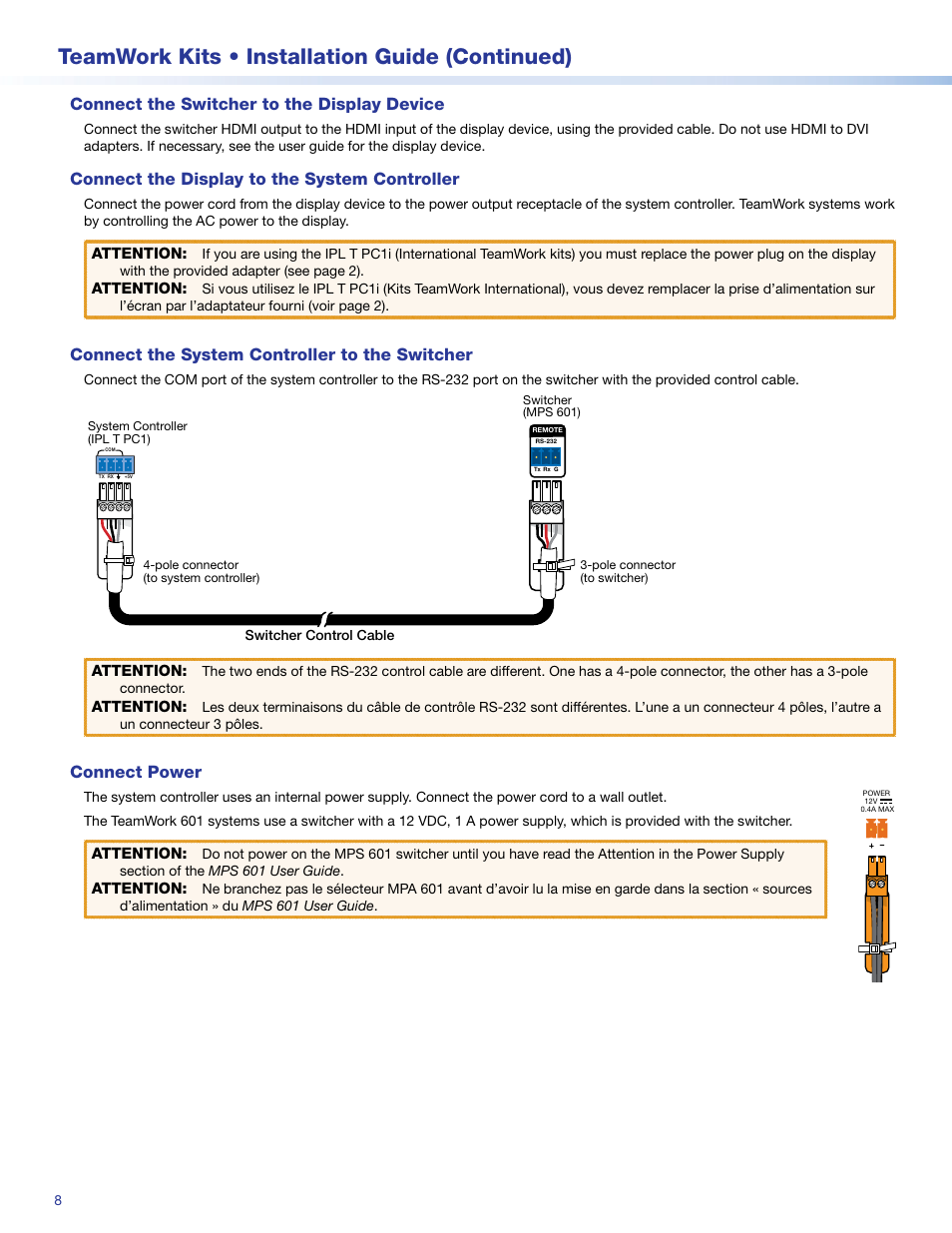 Teamwork kits • installation guide (continued), Connect the switcher to the display device, Connect the display to the system controller | Connect the system controller to the switcher, Connect power | Extron Electronics TeamWork 601i Kits Installation User Manual | Page 8 / 10