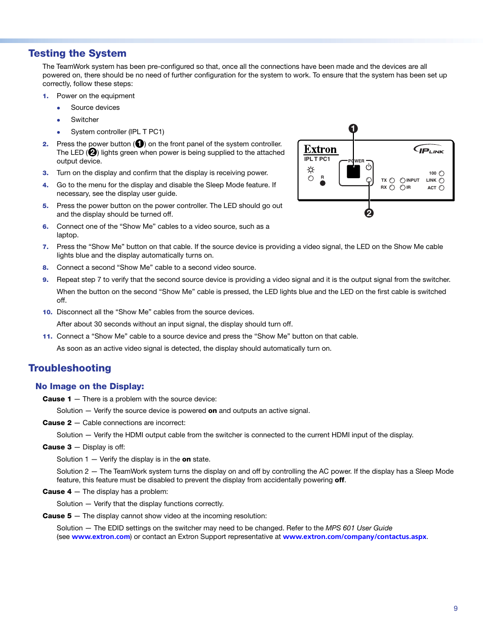 Testing the system, Troubleshooting, No image on the display | Extron Electronics TeamWork 601i Kits Installation User Manual | Page 9 / 10