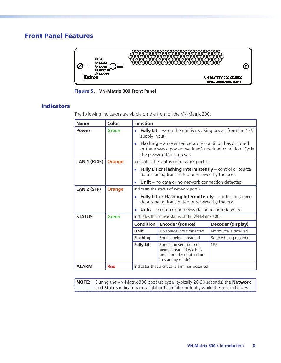 Front panel features, Indicators | Extron Electronics VN-Matrix 300 User Guide User Manual | Page 14 / 77