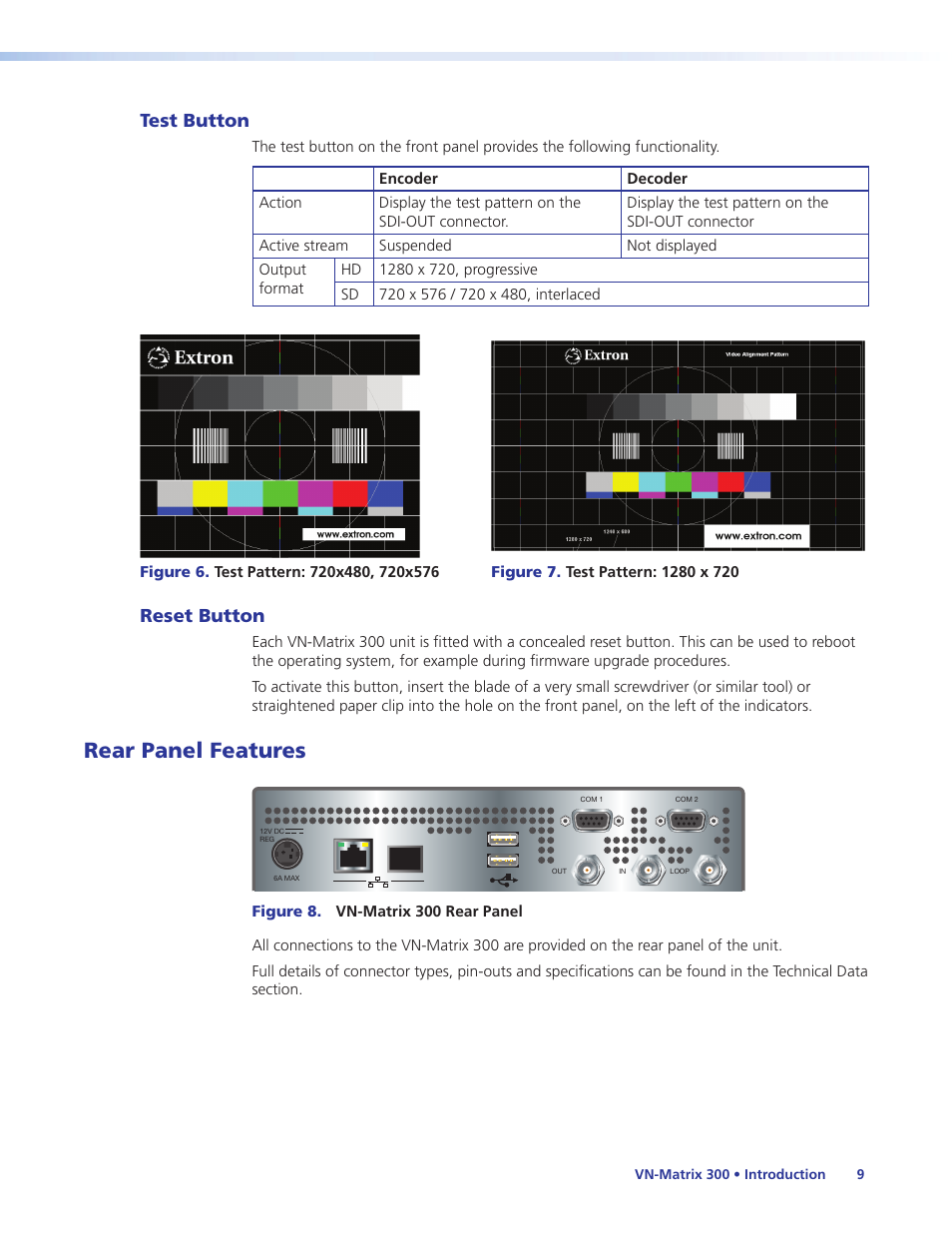 Test button, Reset button, Rear panel features | Test button reset button | Extron Electronics VN-Matrix 300 User Guide User Manual | Page 15 / 77