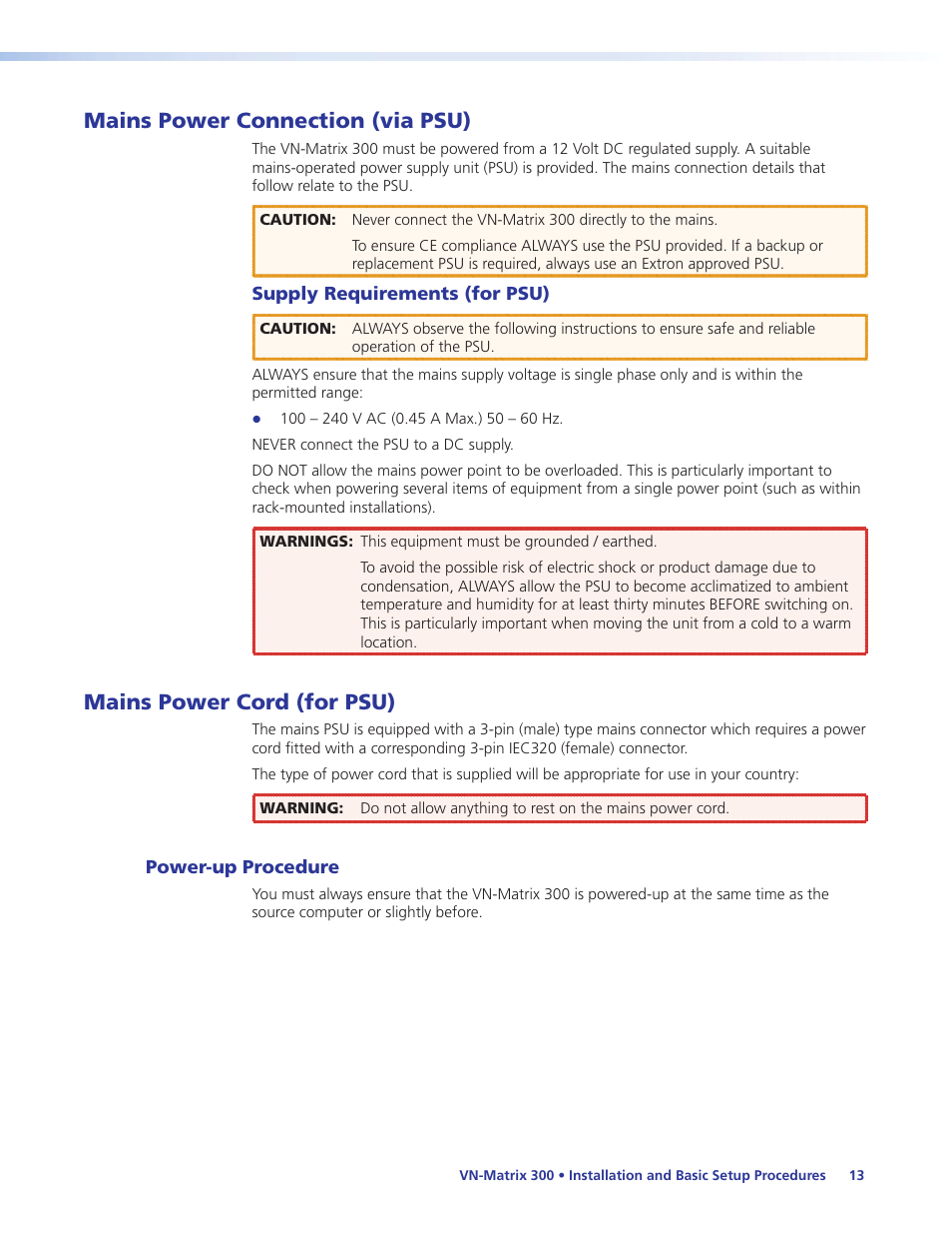 Mains power connection (via psu), Mains power cord (for psu), Power-up procedure | Mains power connection, Mains power cord | Extron Electronics VN-Matrix 300 User Guide User Manual | Page 19 / 77