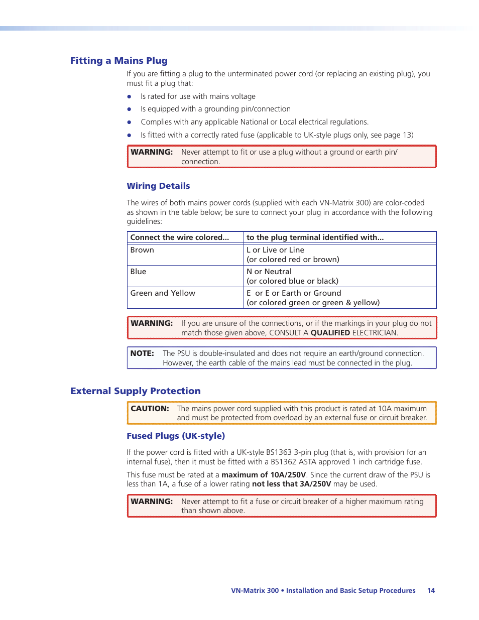 Fitting a mains plug, External supply protection, Fitting a mains plug external supply protection | Extron Electronics VN-Matrix 300 User Guide User Manual | Page 20 / 77