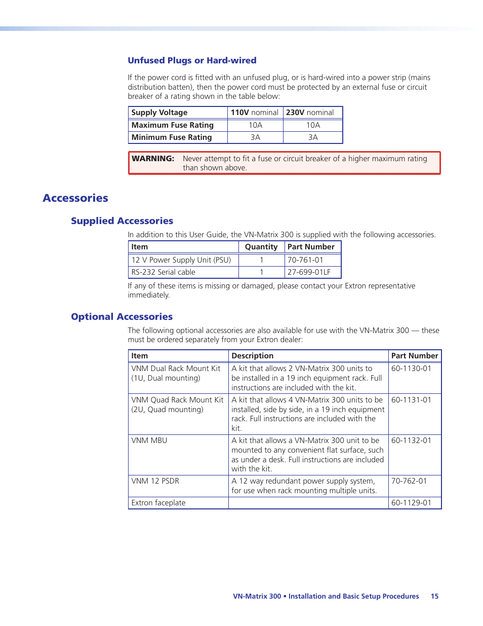 Accessories, Supplied accessories, Optional accessories | Supplied accessories optional accessories | Extron Electronics VN-Matrix 300 User Guide User Manual | Page 21 / 77