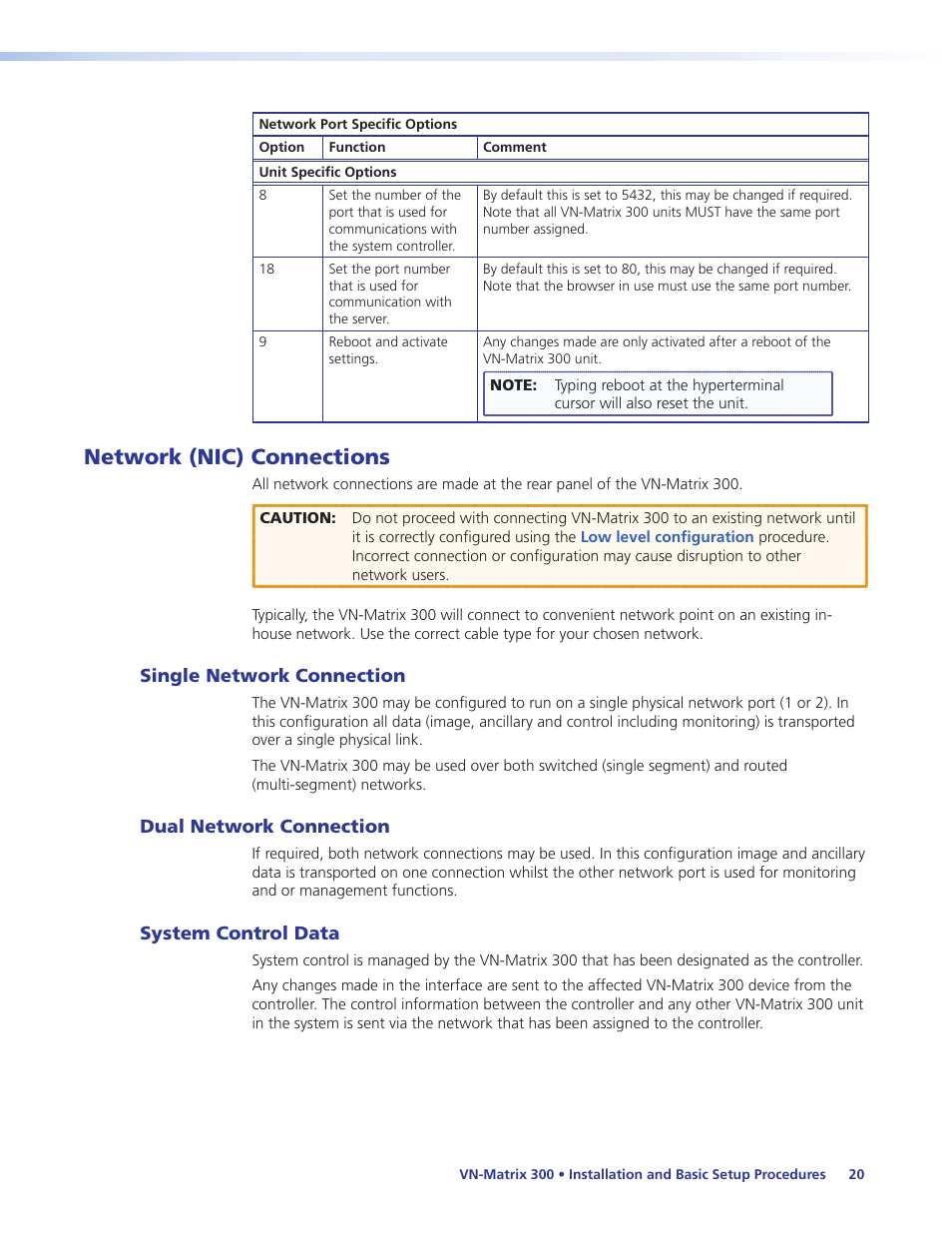 Network (nic) connections, Single network connection, Dual network connection | System control data, Network connections | Extron Electronics VN-Matrix 300 User Guide User Manual | Page 26 / 77