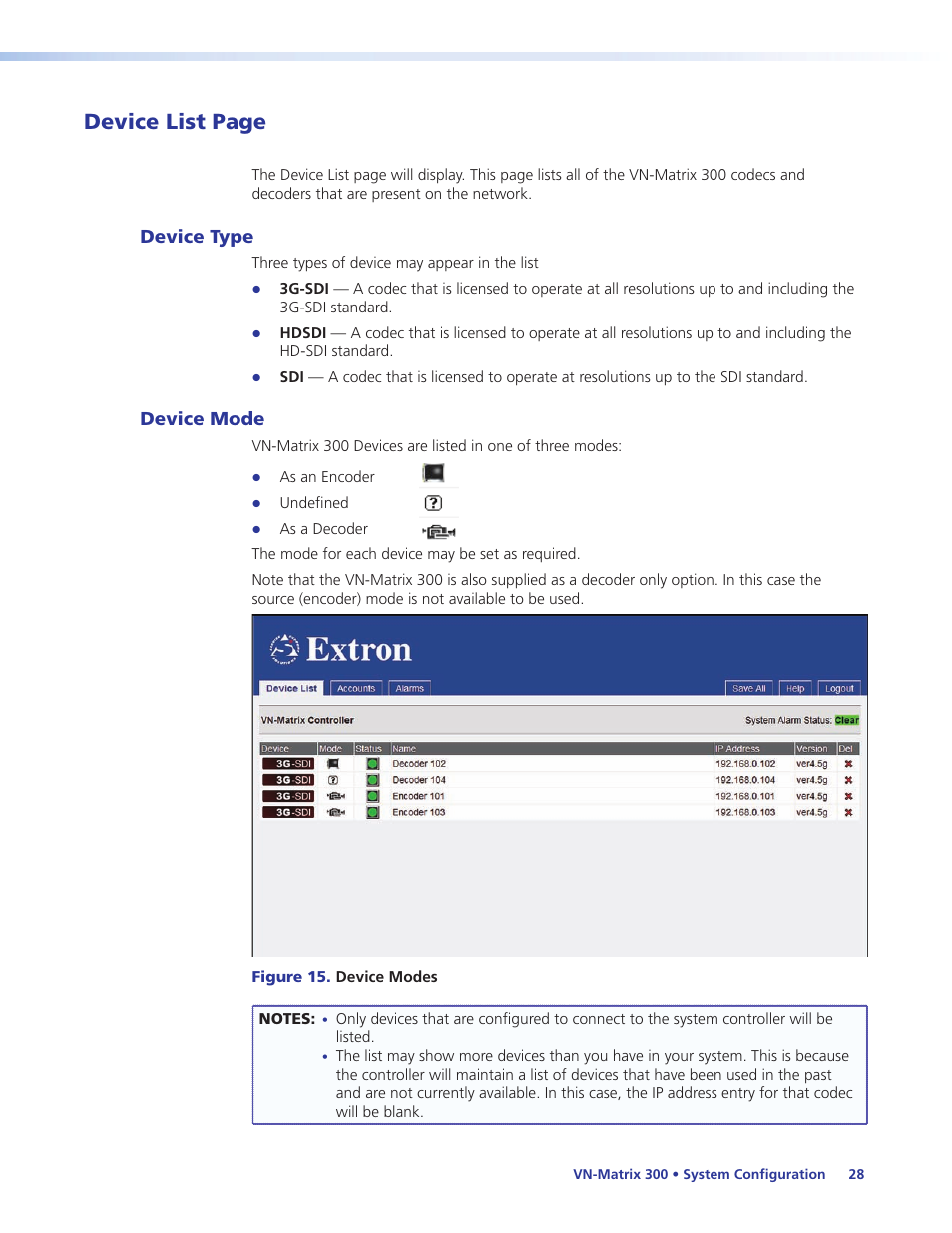 Device type, Device mode, Device type device mode | Device list page | Extron Electronics VN-Matrix 300 User Guide User Manual | Page 34 / 77