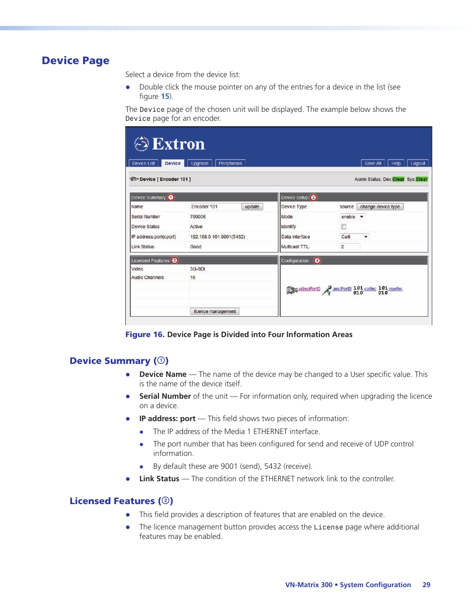 Device summary (a), Licensed features (b), Device summary licensed features | Device page, Device summary, Licensed features | Extron Electronics VN-Matrix 300 User Guide User Manual | Page 35 / 77