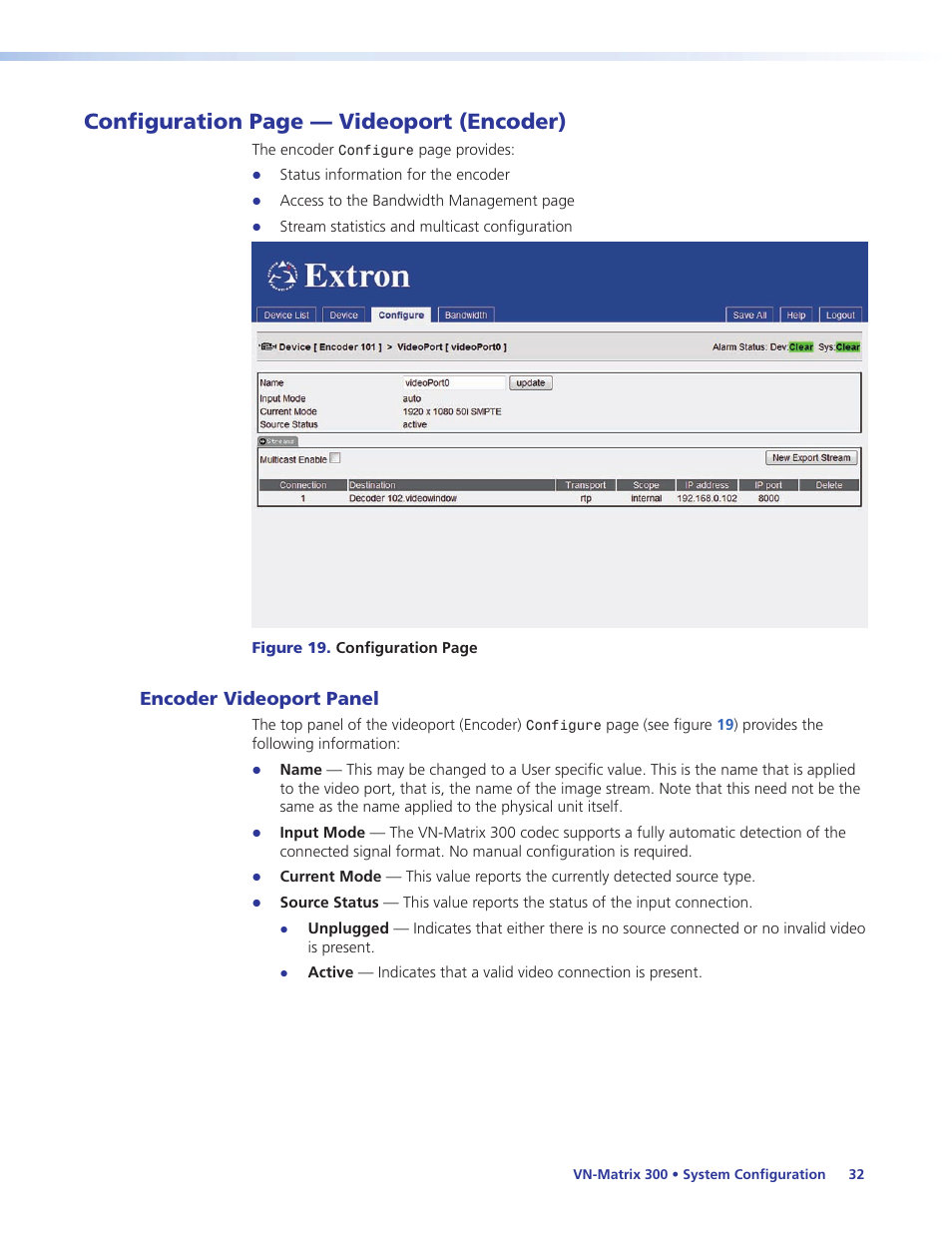 Encoder videoport panel, Configuration page — videoport (encoder) | Extron Electronics VN-Matrix 300 User Guide User Manual | Page 38 / 77