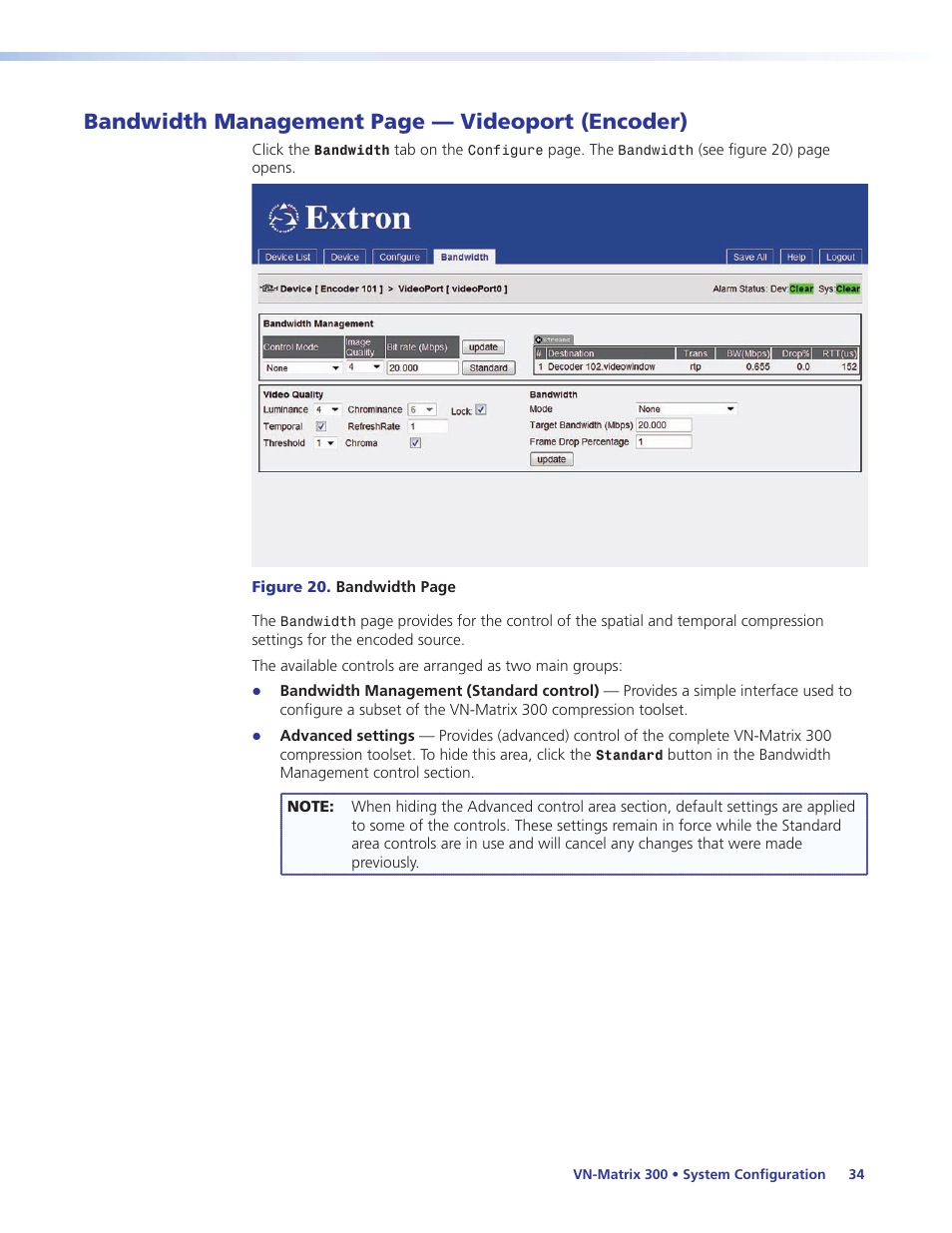 Encoder), Bandwidth management page — videoport (encoder) | Extron Electronics VN-Matrix 300 User Guide User Manual | Page 40 / 77