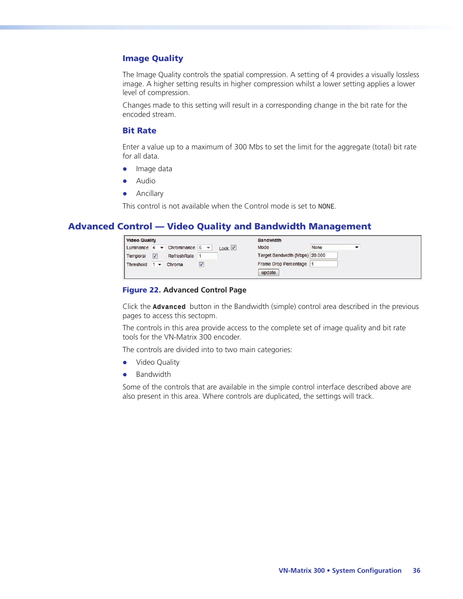 Advanced control — video quality and, Bandwidth management | Extron Electronics VN-Matrix 300 User Guide User Manual | Page 42 / 77