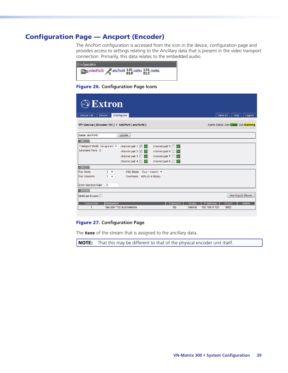 Configuration page — ancport (encoder) | Extron Electronics VN-Matrix 300 User Guide User Manual | Page 45 / 77