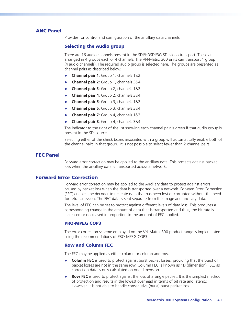Anc panel, Fec panel, Forward error correction | Anc panel fec panel forward error correction | Extron Electronics VN-Matrix 300 User Guide User Manual | Page 46 / 77