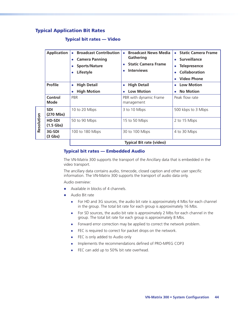 Typical application bit rates, Typical bit rates — video, Typical bit rates — embedded audio | Extron Electronics VN-Matrix 300 User Guide User Manual | Page 50 / 77