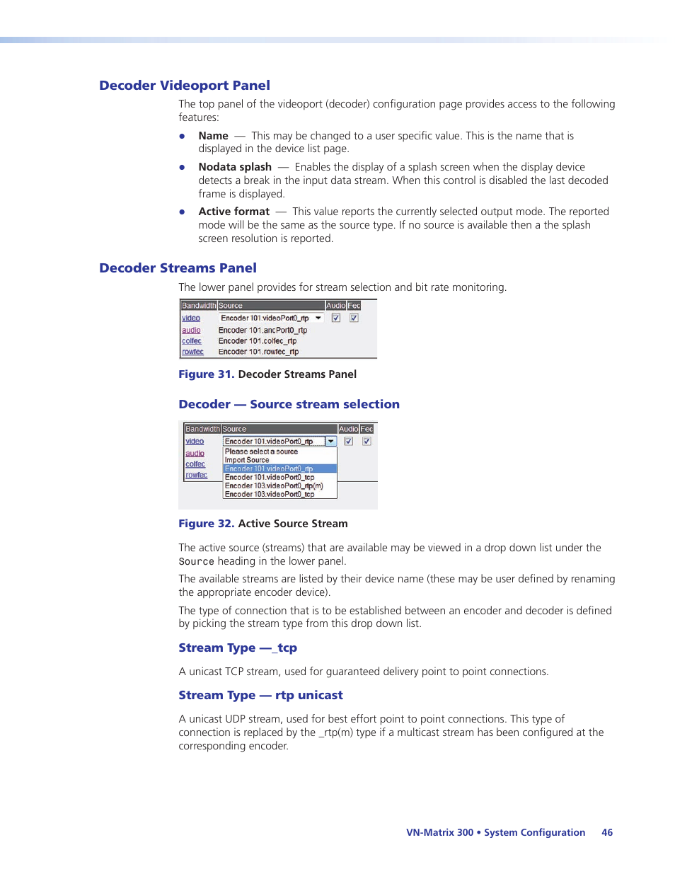 Decoder videoport panel, Decoder streams panel, Decoder videoport panel decoder streams panel | Extron Electronics VN-Matrix 300 User Guide User Manual | Page 52 / 77