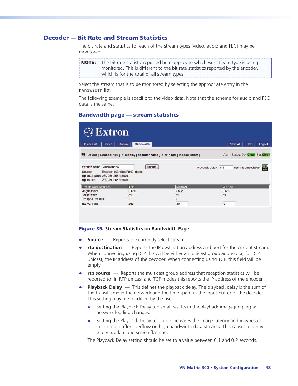 Decoder — bit rate and stream statistics, Decoder, Bit rate and stream statistics | Extron Electronics VN-Matrix 300 User Guide User Manual | Page 54 / 77