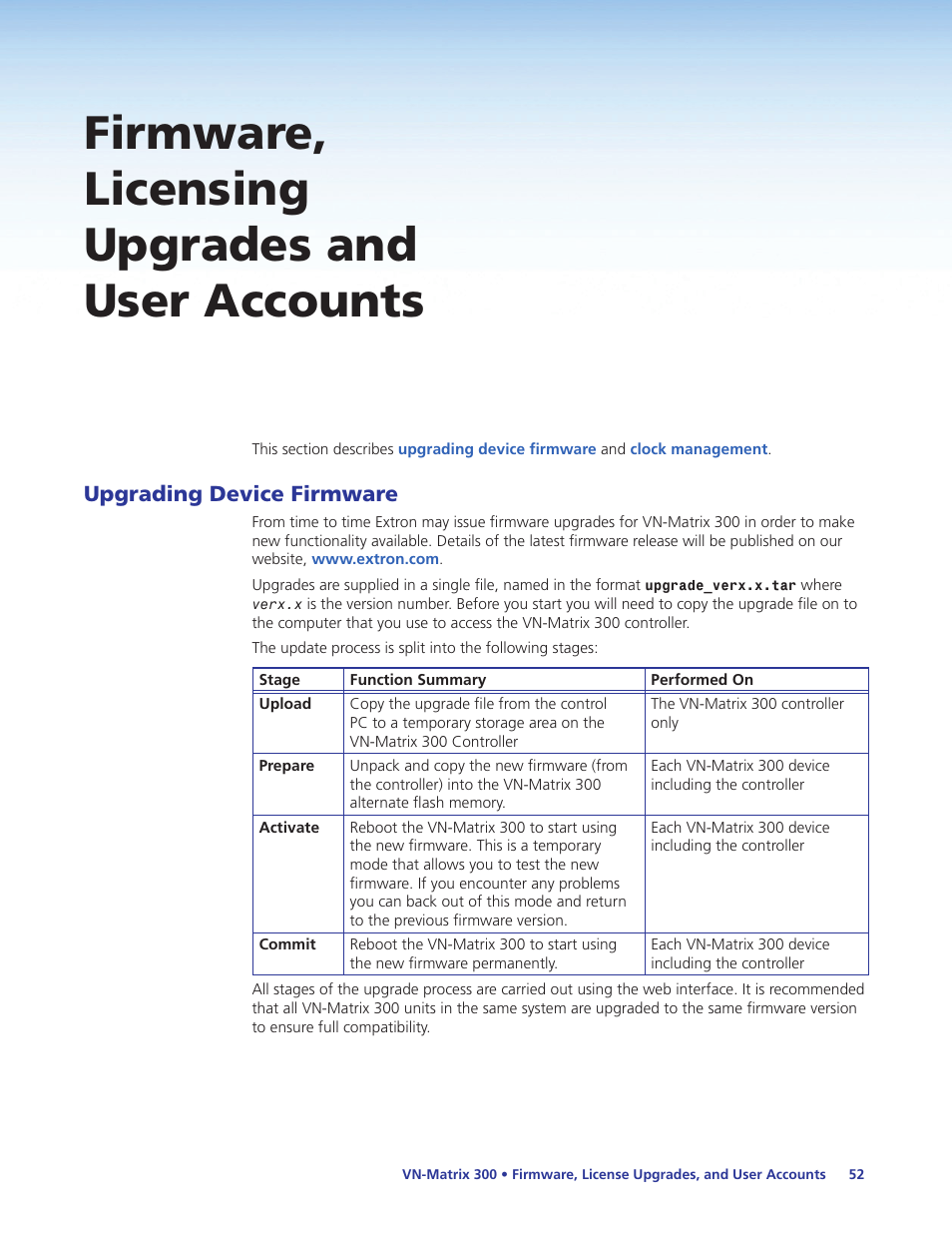 Firmware, licensing upgrades and user accounts, Upgrading device firmware, Firmware, licensing upgrades and | User accounts | Extron Electronics VN-Matrix 300 User Guide User Manual | Page 58 / 77