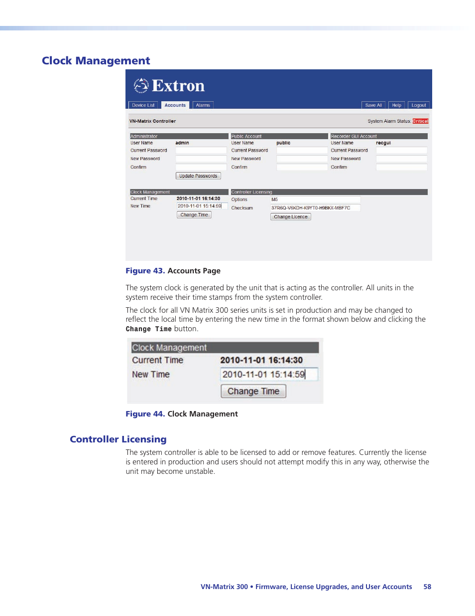 Clock management, Controller licensing | Extron Electronics VN-Matrix 300 User Guide User Manual | Page 64 / 77