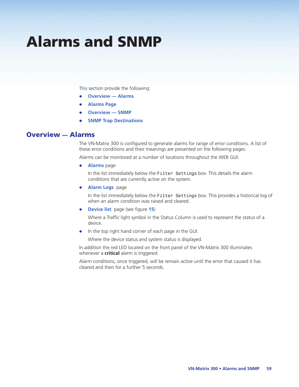 Alarms and snmp, Overview — alarms, Overview | Alarms | Extron Electronics VN-Matrix 300 User Guide User Manual | Page 65 / 77