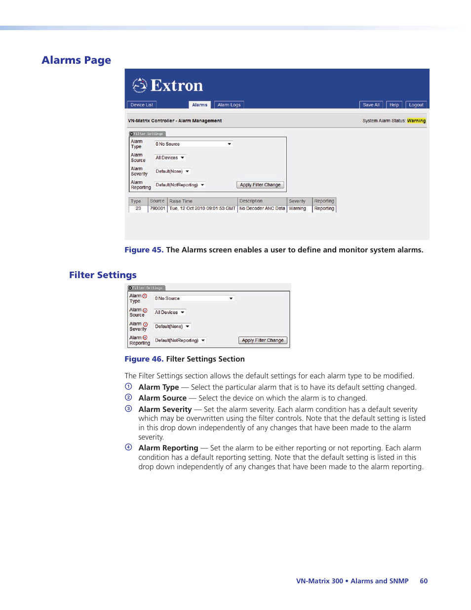 Filter settings, Alarms, Alarms page | Extron Electronics VN-Matrix 300 User Guide User Manual | Page 66 / 77