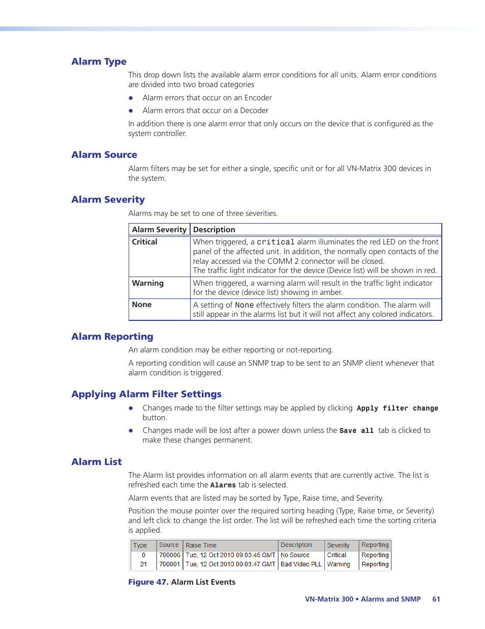 Alarm type, Alarm source, Alarm severity | Alarm reporting, Applying alarm filter settings, Alarm list | Extron Electronics VN-Matrix 300 User Guide User Manual | Page 67 / 77