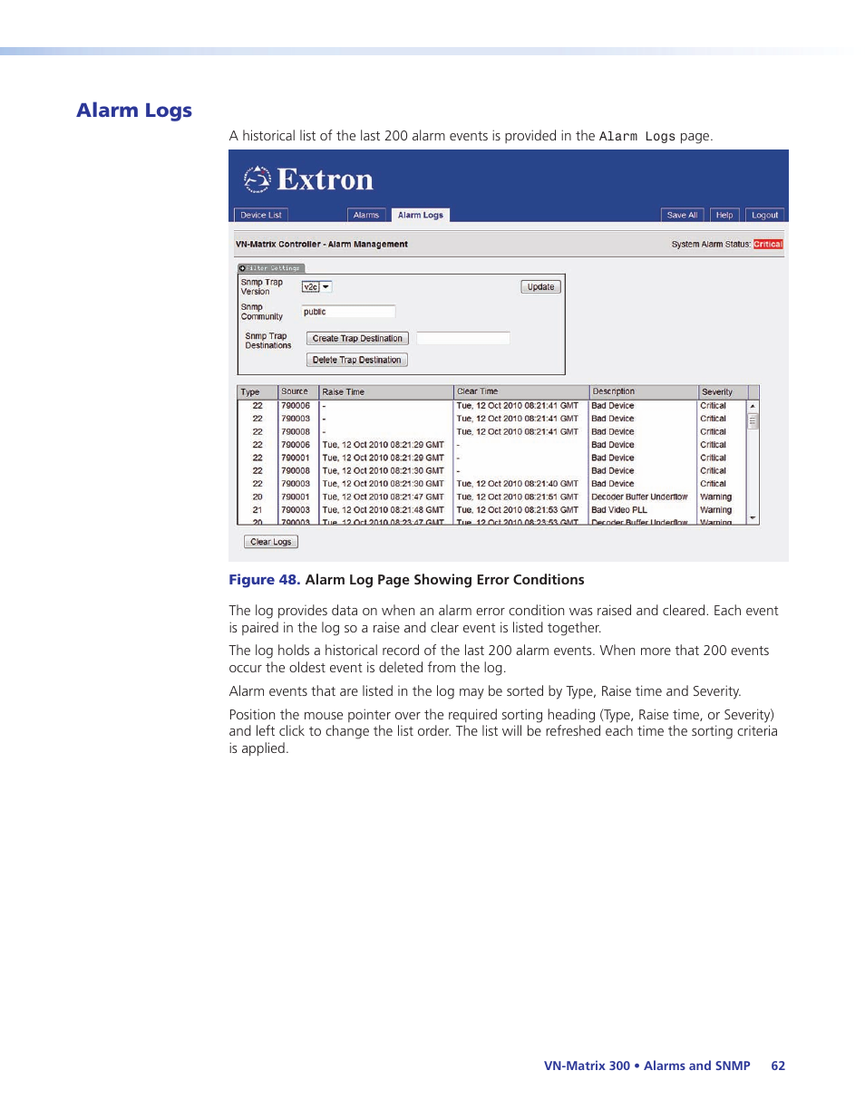Alarm logs | Extron Electronics VN-Matrix 300 User Guide User Manual | Page 68 / 77