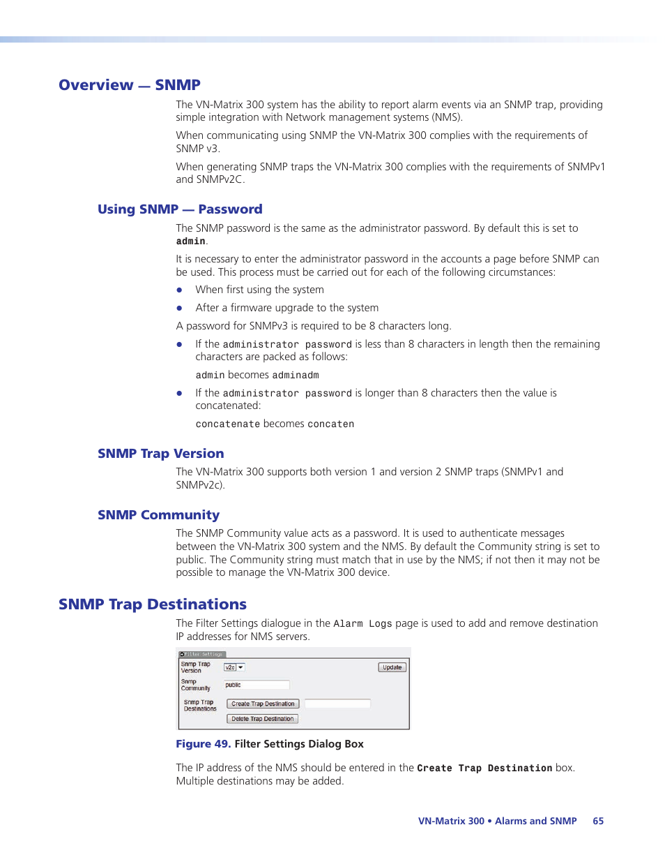 Overview — snmp, Using snmp — password, Snmp trap version | Snmp community, Snmp trap destinations, Overview, Snmp, Using snmp, Password, Snmp trap version snmp community | Extron Electronics VN-Matrix 300 User Guide User Manual | Page 71 / 77