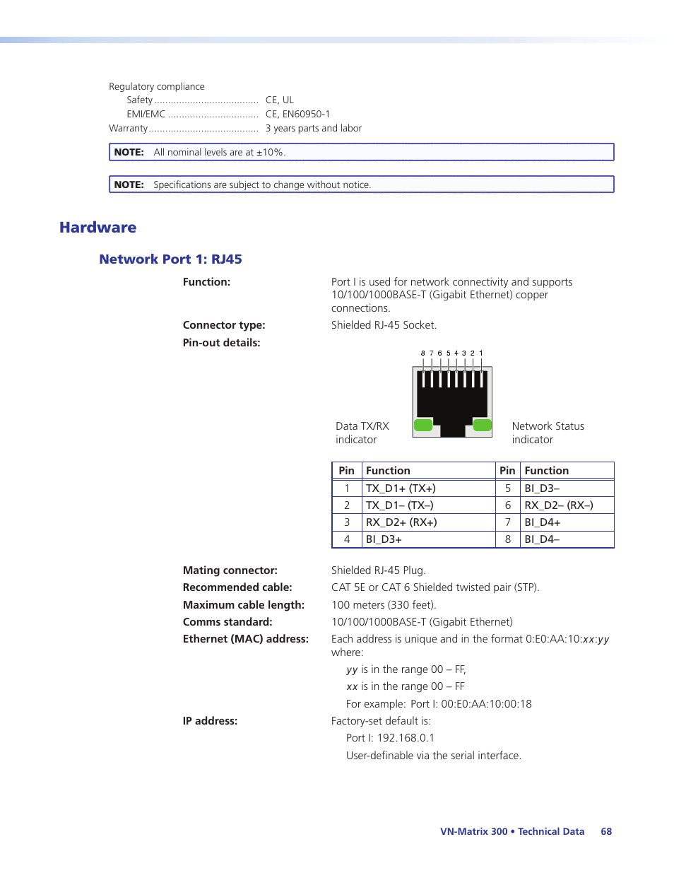 Hardware, Network port 1: rj45 | Extron Electronics VN-Matrix 300 User Guide User Manual | Page 74 / 77