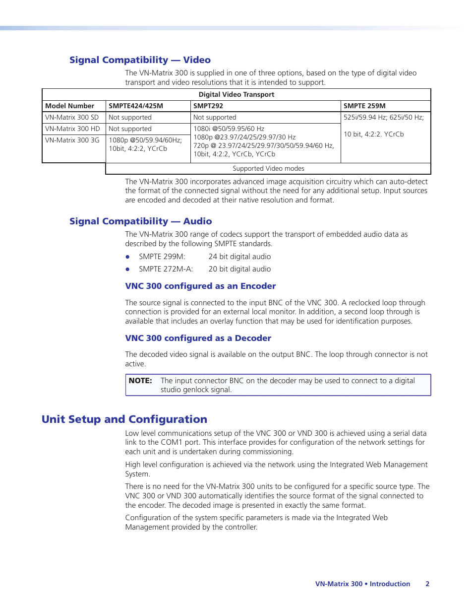 Signal compatibility — video, Signal compatibility — audio, Unit setup and configuration | Setup and configuration | Extron Electronics VN-Matrix 300 User Guide User Manual | Page 8 / 77