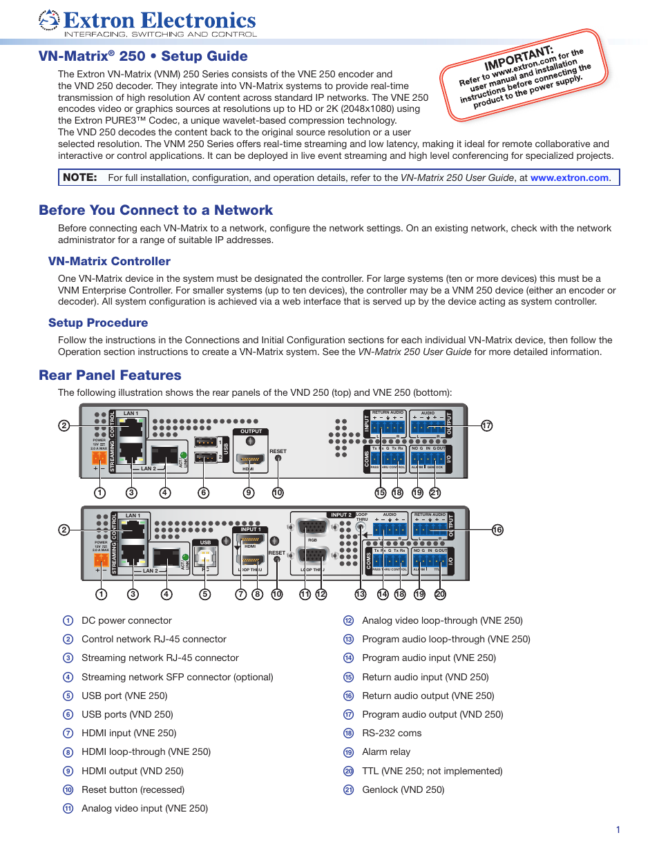 Extron Electronics VN-Matrix 250 Setup Guide User Manual | 4 pages