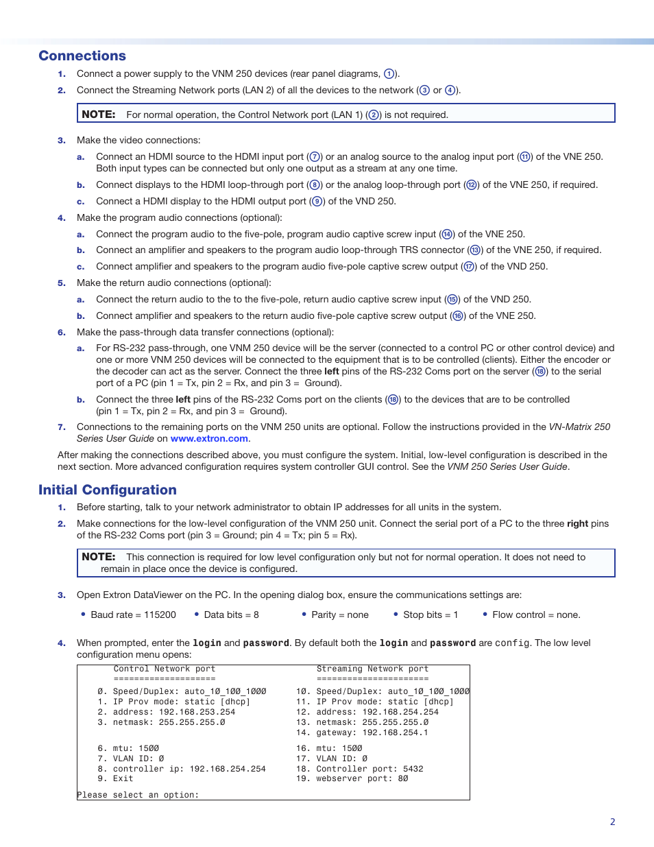 Connections, Initial configuration | Extron Electronics VN-Matrix 250 Setup Guide User Manual | Page 2 / 4