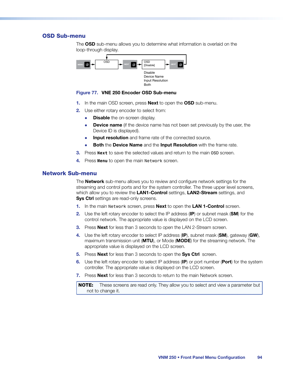 Osd sub-menu, Network sub-menu, Osd sub‑menu network sub‑menu | Extron Electronics VN-Matrix 250 User Guide User Manual | Page 100 / 137