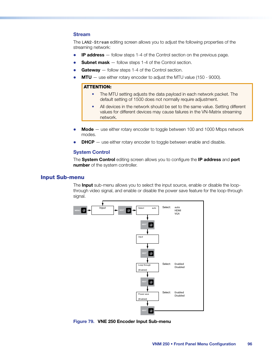Input sub-menu, Input sub‑menu, Stream | System control | Extron Electronics VN-Matrix 250 User Guide User Manual | Page 102 / 137