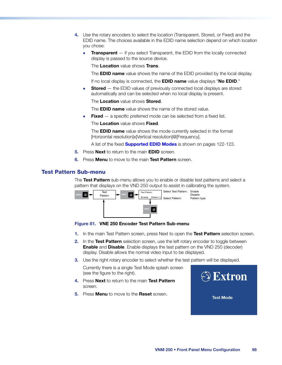 Test pattern sub-menu, Test pattern sub‑menu | Extron Electronics VN-Matrix 250 User Guide User Manual | Page 104 / 137