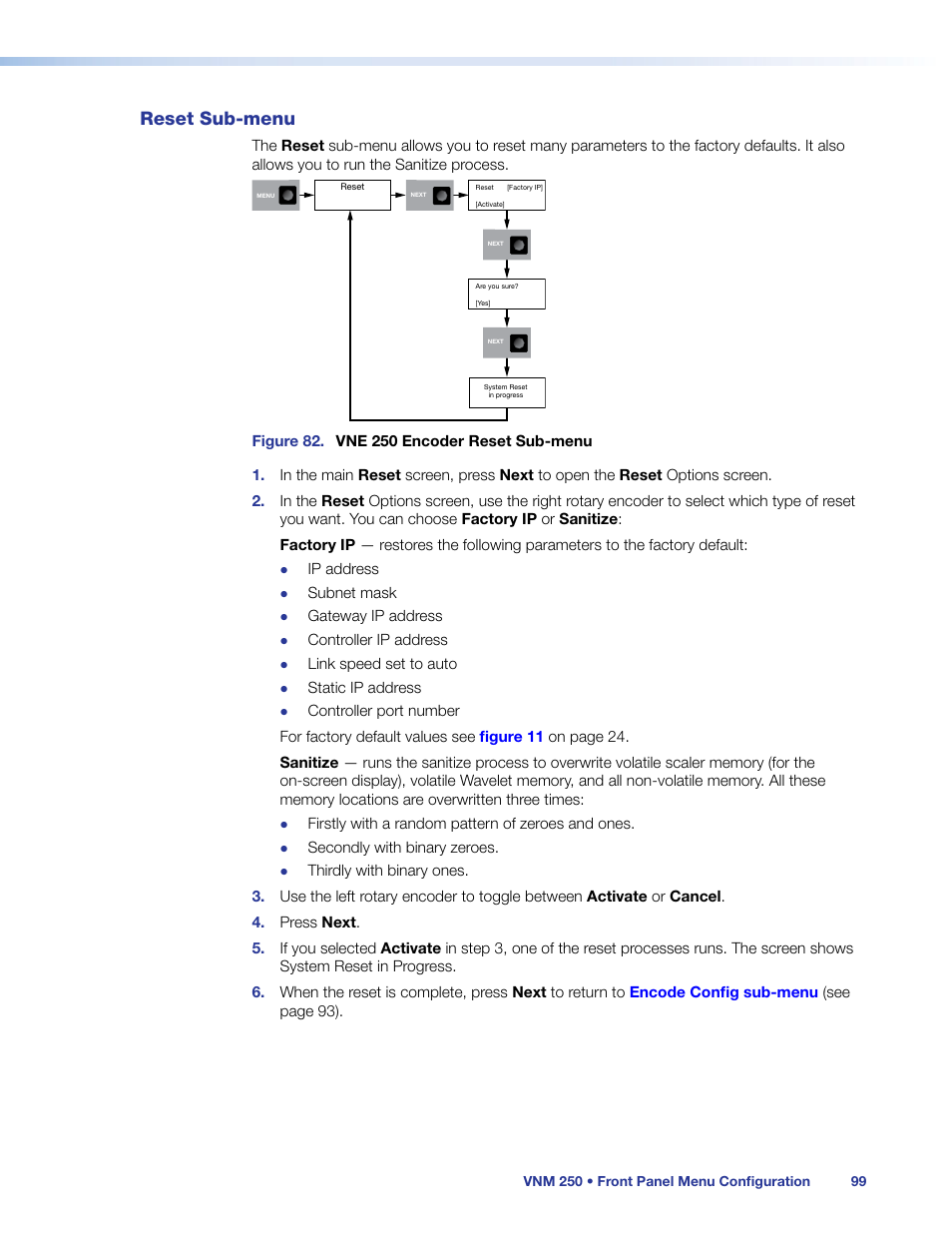 Reset sub-menu, Reset sub‑menu, Encoder | Reset | Extron Electronics VN-Matrix 250 User Guide User Manual | Page 105 / 137