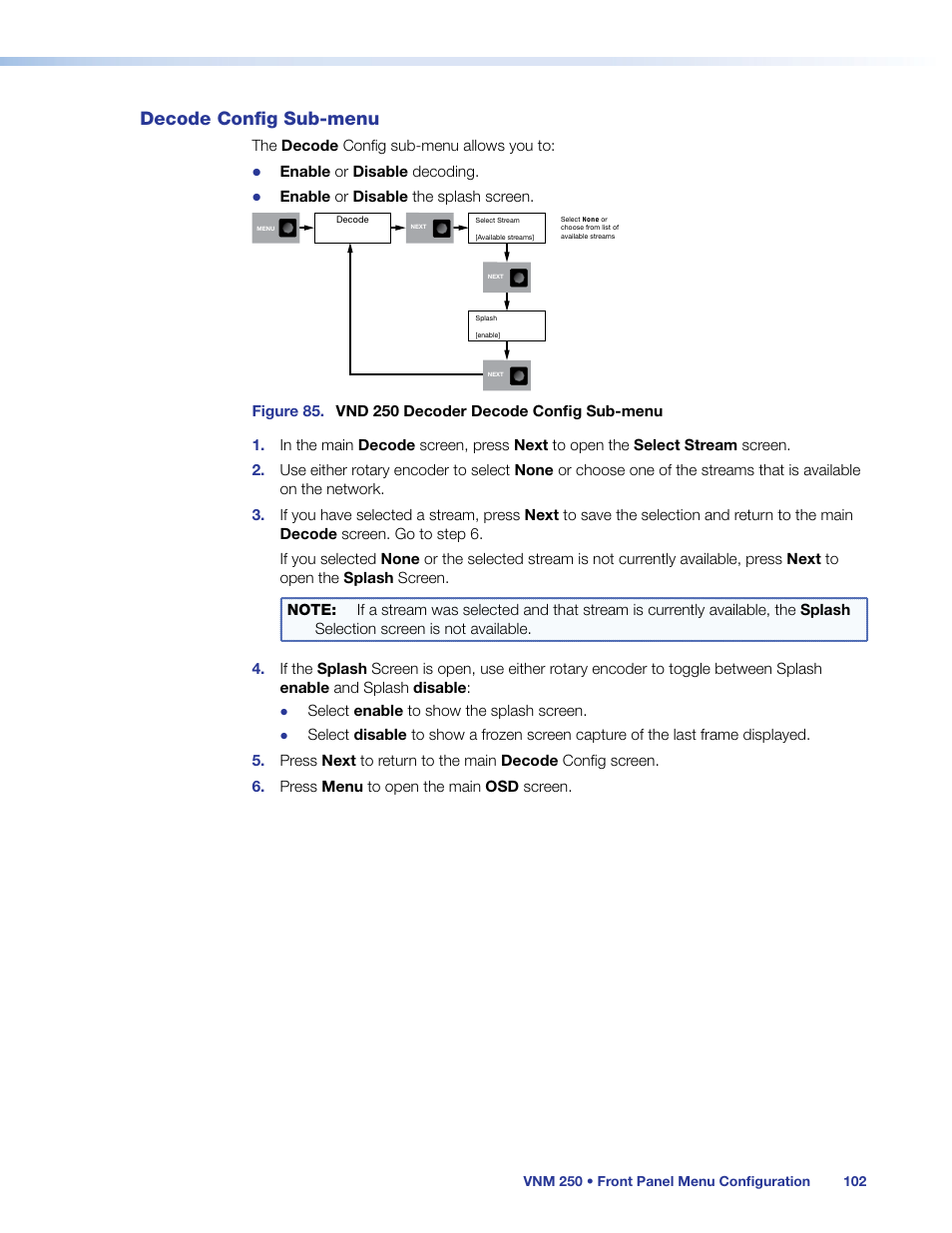 Decode config sub-menu, Decode config sub‑menu | Extron Electronics VN-Matrix 250 User Guide User Manual | Page 108 / 137